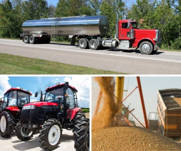 A triptych of images. A red and silver truck transports milk down the highway. Big red tractors sit on a lot for sale. A giant mound of grain.