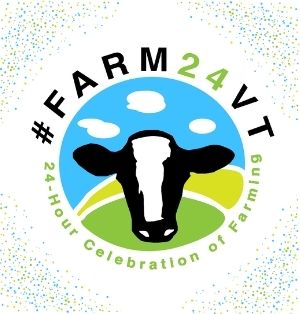#Farm24VT logo. An iconic black-and-white holstein head on a blue and green background. On the holstein's snout is a patch of white fur in the shape of Vermont.