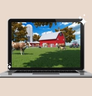 A silver laptop displaying a photo of a farm. The photo of a farm features a big, red barn; a silver silo; bright blue skies; and a cow standing on green grass.